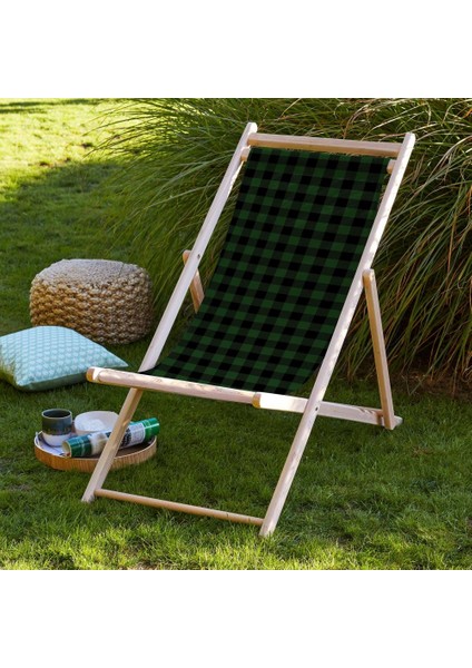 Yeşil Kareli Katlanabilir Şezlong Fırınlanmış Gürgen Ağacı Süet Kumaş