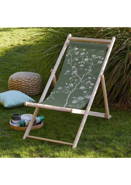 Yeşil Çiçek Tasarımlı Şezlong Fırınlanmış Gürgen Ağacı Süet Kumaş