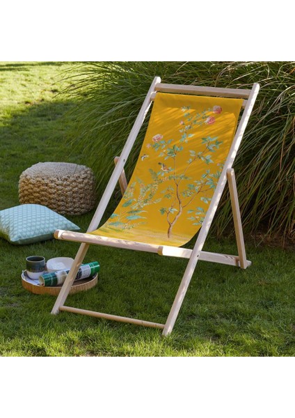 Sarı Çiçek Tasarımlı Şezlong Fırınlanmış Gürgen Ağacı Süet Kumaş