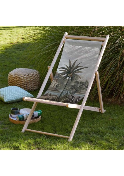 Renkli Manzara Tasarımlı Şezlong Fırınlanmış Gürgen Ağacı Süet Kumaş