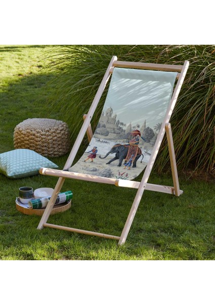 Otantik Manzara Tasarımlı Şezlong Fırınlanmış Gürgen Ağacı Süet Kumaş