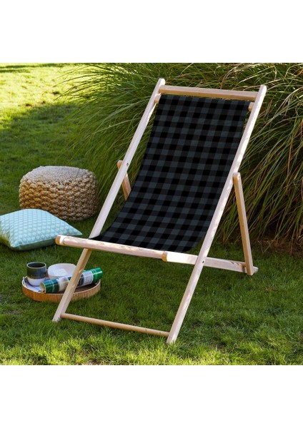 Gri Kareli Katlanabilir Şezlong Fırınlanmış Gürgen Ağacı Süet Kumaş