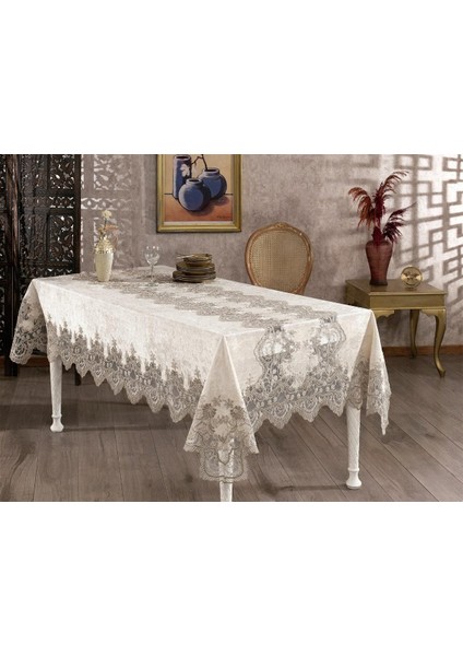 Karina Dantelli Kadife Krem Masa Örtüsü Dikdörtgen 160X230 cm - 1175