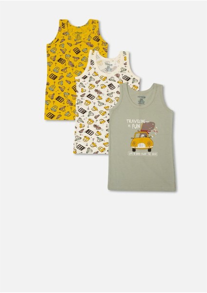 Araba Desenli Penye Elastan 3'lü Erkek Çocuk Renkli Atlet Seti