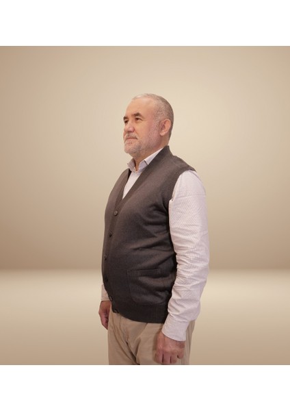 Erkek Füme Baba Yeleği Önden Zarif Düğmeli Klasik Çift Cepli Rahat Kesim Ince Yün Triko indirimleri