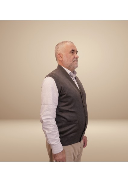Erkek Füme Baba Yeleği Önden Zarif Düğmeli Klasik Çift Cepli Rahat Kesim Ince Yün Triko