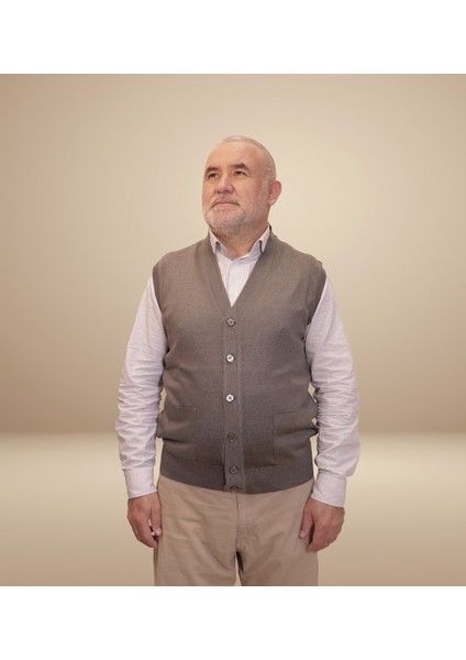 Erkek Gri Baba Yeleği Önden Zarif Düğmeli Klasik Çift Cepli Rahat Kesim Ince Yün Triko