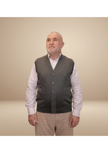 Erkek Haki Baba Yeleği Önden Zarif Düğmeli Klasik Çift Cepli Rahat Kesim Ince Yün Triko