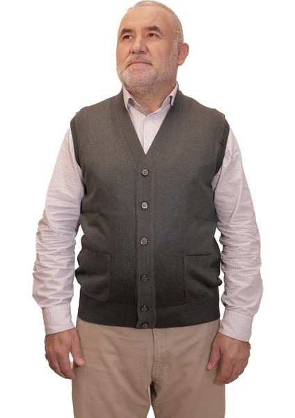 Erkek Haki Baba Yeleği Önden Zarif Düğmeli Klasik Çift Cepli Rahat Kesim Ince Yün Triko indirimleri