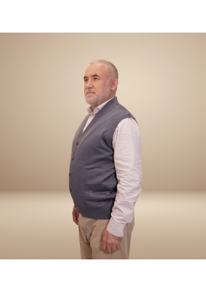 Erkek Mavi Baba Yeleği Önden Zarif Düğmeli Klasik Çift Cepli Rahat Kesim Ince Yün Triko