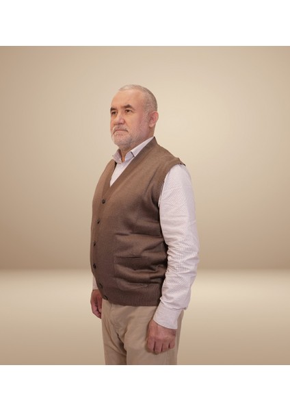 Erkek Kahverengi Baba Yeleği Önden Zarif Düğmeli Klasik Çift Cepli Rahat Kesim Ince Yün Triko indirimleri