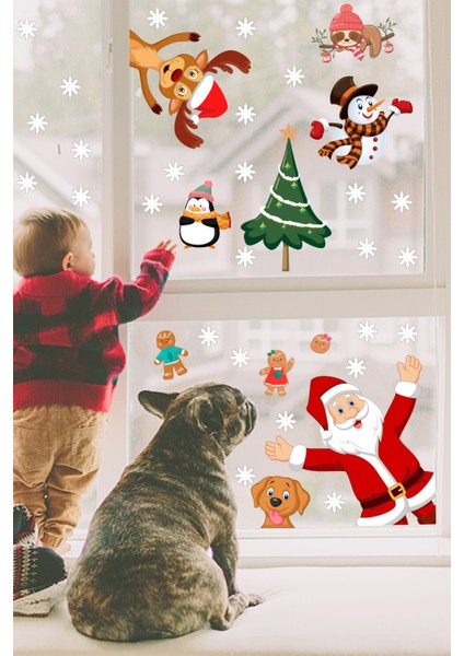 Yılbaşı Sticker Noel Baba Yılbaşı Ağacı Penguen ve Kar Taneleri Temalı