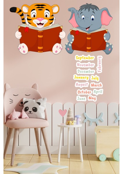 Kitap Okuyan Sevimli Fil ve Kaplan Anaokulu Çocuk Odası Duvar Sticker Seti - Ingilizce Aylar Hediye