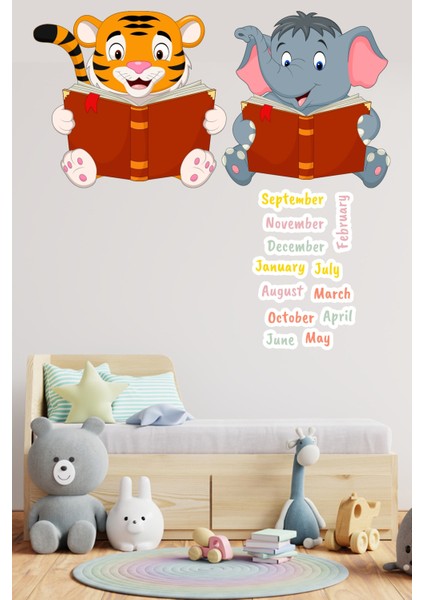 Kitap Okuyan Sevimli Fil ve Kaplan Anaokulu Çocuk Odası Duvar Sticker Seti - Ingilizce Aylar Hediye modelleri
