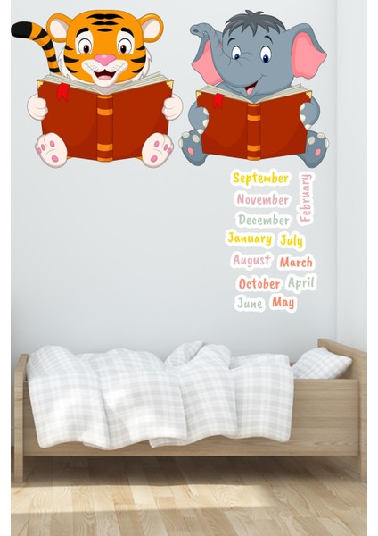 Kitap Okuyan Sevimli Fil ve Kaplan Anaokulu Çocuk Odası Duvar Sticker Seti - Ingilizce Aylar Hediye fırsatları