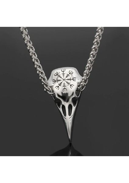 Viking Odin Kuzgun Gri Vegvisir Işlemeli Kafatası Raven & Örgü Zincir Erkek 316L Çelik Kolye