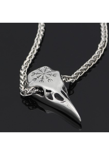 Viking Odin Kuzgun Gri Vegvisir Işlemeli Kafatası Raven & Örgü Zincir Erkek 316L Çelik Kolye fiyatları