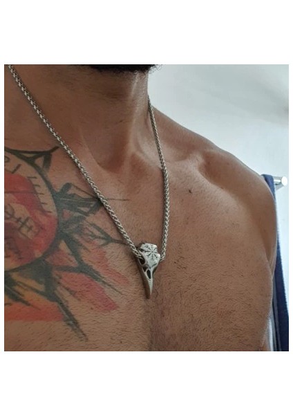 Viking Odin Kuzgun Gri Vegvisir Işlemeli Kafatası Raven & Örgü Zincir Erkek 316L Çelik Kolye modelleri