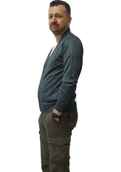 Erkek Haki Baba Hırkası Önden Zarif Düğmeli Klasik Çift Cepli Rahat Kesim Ince Yün Triko