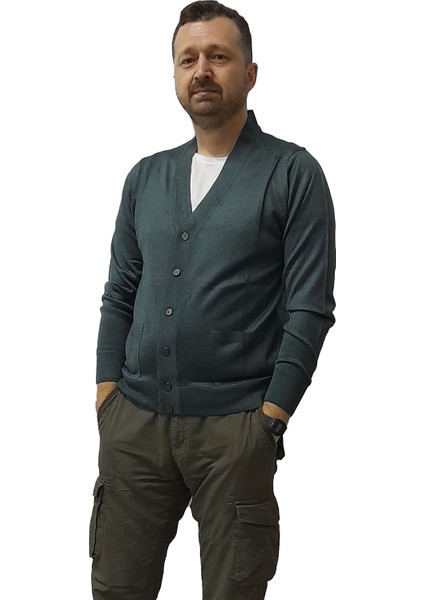 Erkek Haki Baba Hırkası Önden Zarif Düğmeli Klasik Çift Cepli Rahat Kesim Ince Yün Triko fırsatları