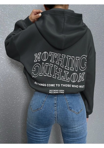 Kadın Ters Düz Nothing Baskılı Oversize Sweatshirt