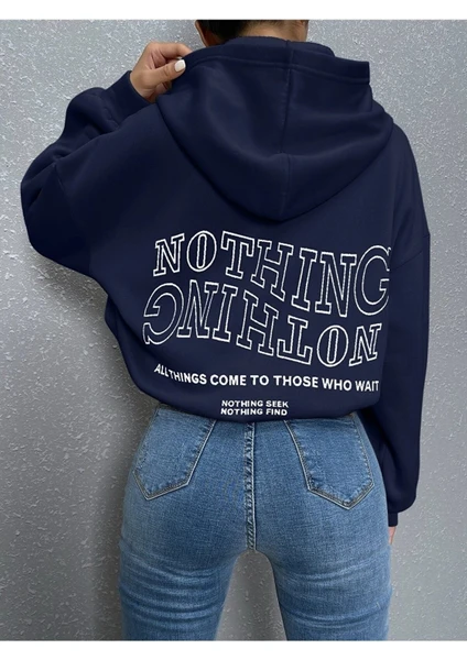 Kadın Ters Düz Nothing Baskılı Oversize Sweatshirt