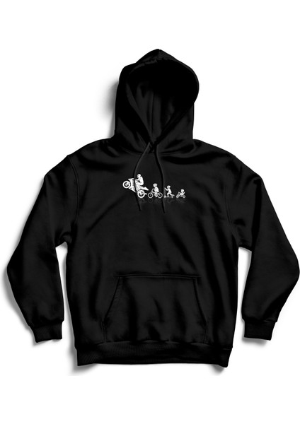 The Baskı Unisex Siyah Ön Kaldıran Motorcu Baskılı Kanguru Cepli Kapüşonlu Hoodie