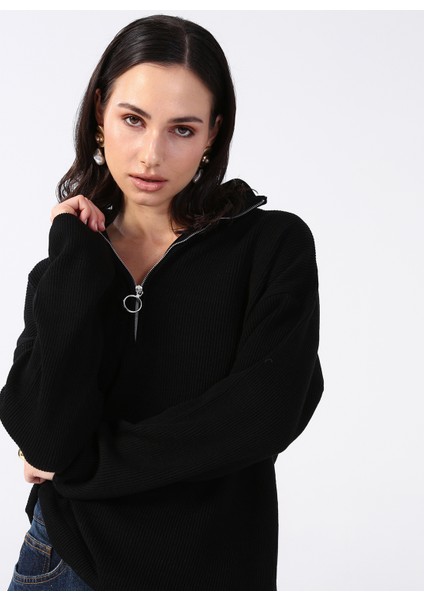 Siyah Kadın Fermuarlı Geniş Fit Düz Kazak KATTEN fiyatları