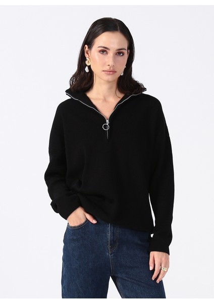 Siyah Kadın Fermuarlı Geniş Fit Düz Kazak KATTEN modelleri