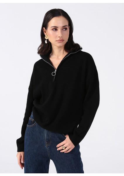 Siyah Kadın Fermuarlı Geniş Fit Düz Kazak KATTEN fırsatları