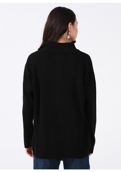 Siyah Kadın Fermuarlı Geniş Fit Düz Kazak KATTEN indirimleri
