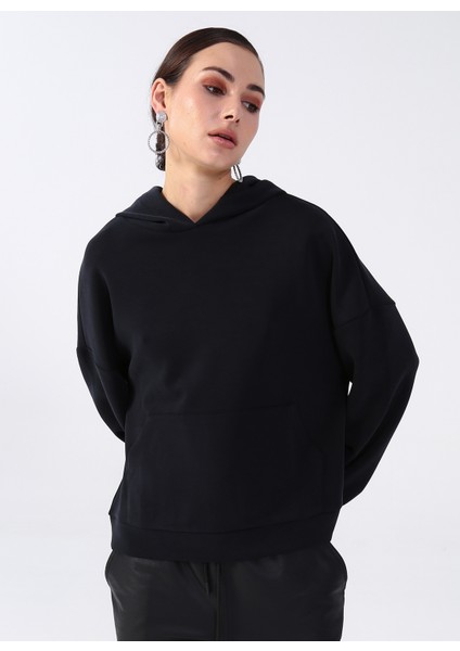 Kapüşon Yaka Düz Siyah Kadın Sweatshirt K-Elda