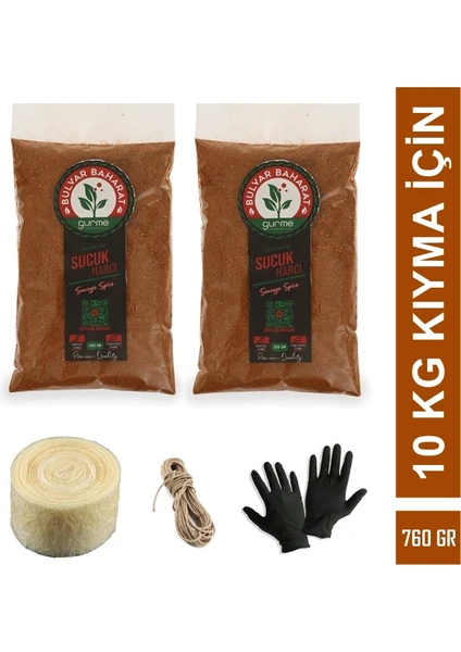 Bulvar Baharat Geleneksel Sucuk Yapım Seti 10 kg Kıyma Için (760G Sucuk BAHARATI+10M Bağırsak+Bağlama Ipi+Eldiven)