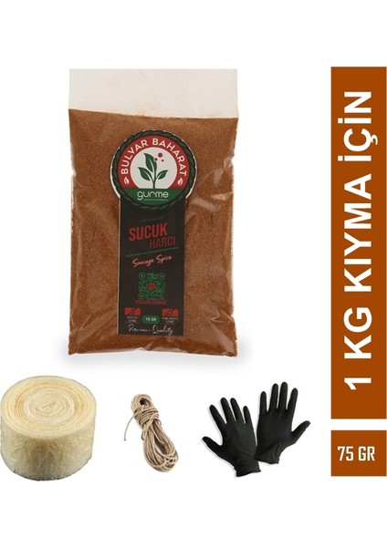 Geleneksel Sucuk Yapım Seti 1 kg Kıyma Için (75G Sucuk Baharatı+1m Bağırsak+Bağlama Ipi+Eldiven)