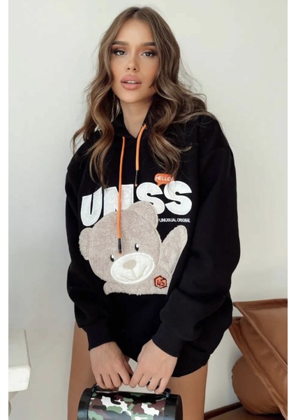 Kadın Siyah Kapşonlu Peluş Sweatshirt 2604