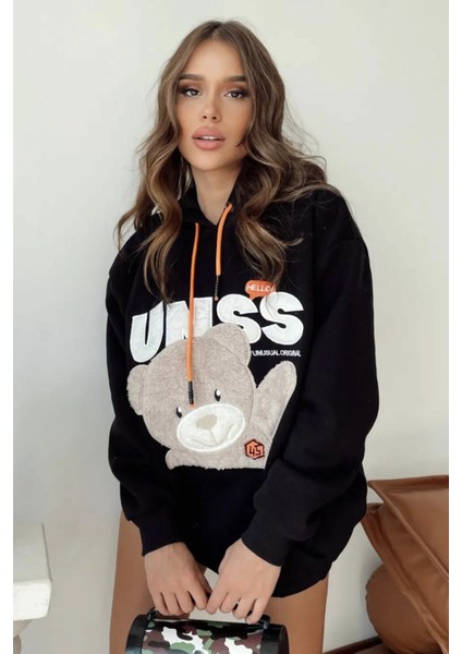 Kadın Siyah Kapşonlu Peluş Sweatshirt 2604