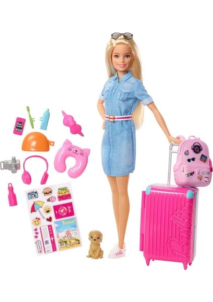 Barbie Seyahatte Bebeği ve Aksesuarları FWV25