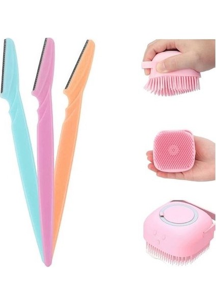 2li Set 3lü Kaş Usturası Kaş Vücut Jileti ve Slikon Hazneli Banyo Duş Kesesi