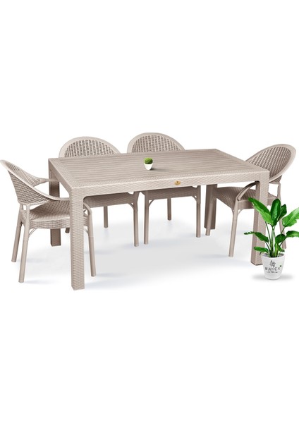 Rattan Masa Takımı 80x140 Camsız Masa 4 Kişilik Rattan Sandalye Seti Bahçe Balkon Teras Takımı