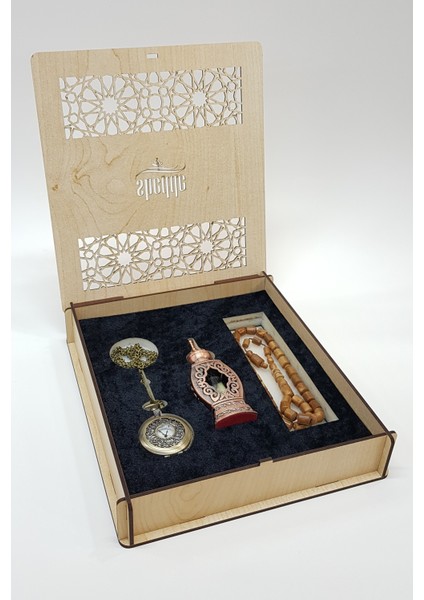 Ahşap Lüks Kutulu-Hediyelik Parfüm Set-(Koku-Saat-Tesbih) -Beyaz