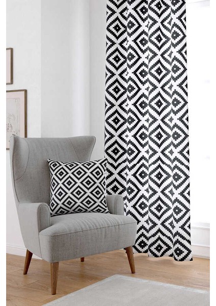 Beyaz Siyah Geometrik Modern Dijital Baskılı Perde Otyk556-Pr