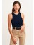 Kadın Koyu Lacivert Fitilli T-Shirt Halter Yaka Örme Atlet 1