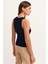 Kadın Koyu Lacivert Fitilli T-Shirt Halter Yaka Örme Atlet 4