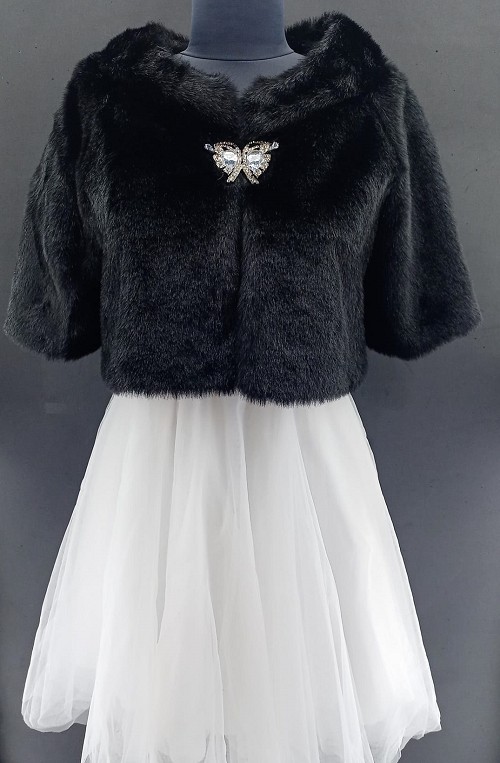 Butik İzmirden Yarım Kollu Kristal Taş Broşa Sahip Gelin Etol Kürk Bolero Siyah