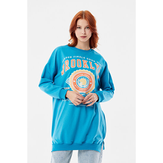 FullaModa Brooklyn Baskılı Bisiklet Yaka Uzun Sweatshirt