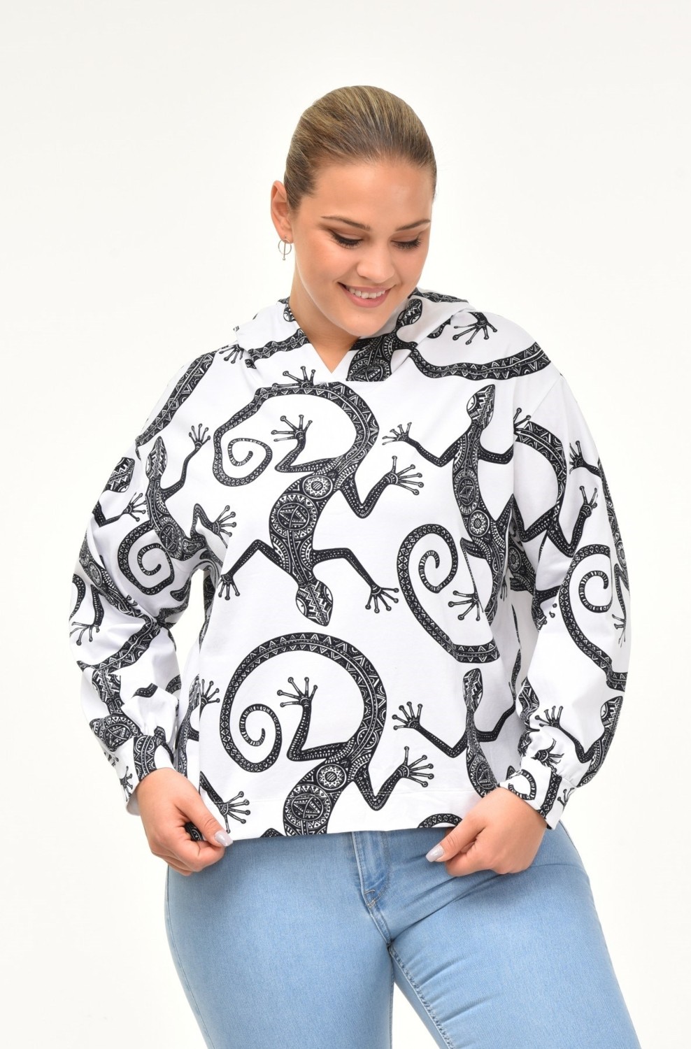 Sea Moda Kertenkele Desenli Sweatshirt-Beyaz görsel 3