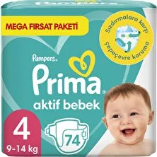 Prima Bebek Bezi Aktif Bebek Mega Fırsat Paketi 4 Beden 74'lü