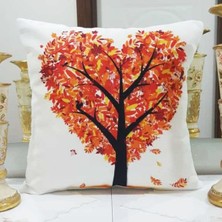 Körfez Kırlent Turuncu Kalpli Ağaç Resimli Sonbahar Temalı Kırlent Kılıfı
