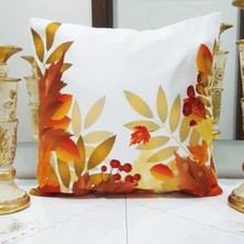 Körfez Kırlent Renkli & Beyaz Kızıl Yapraklı Sonbahar Temalı Kırlent Kılıfı