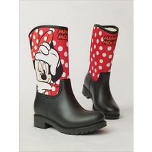 Sea & Blue Shoes Minnie Mouse Kırmızı Puantiye Baskılı Peluşlu Su Geçirmeyen Kız Çocuk Yağmur Çizmesi
